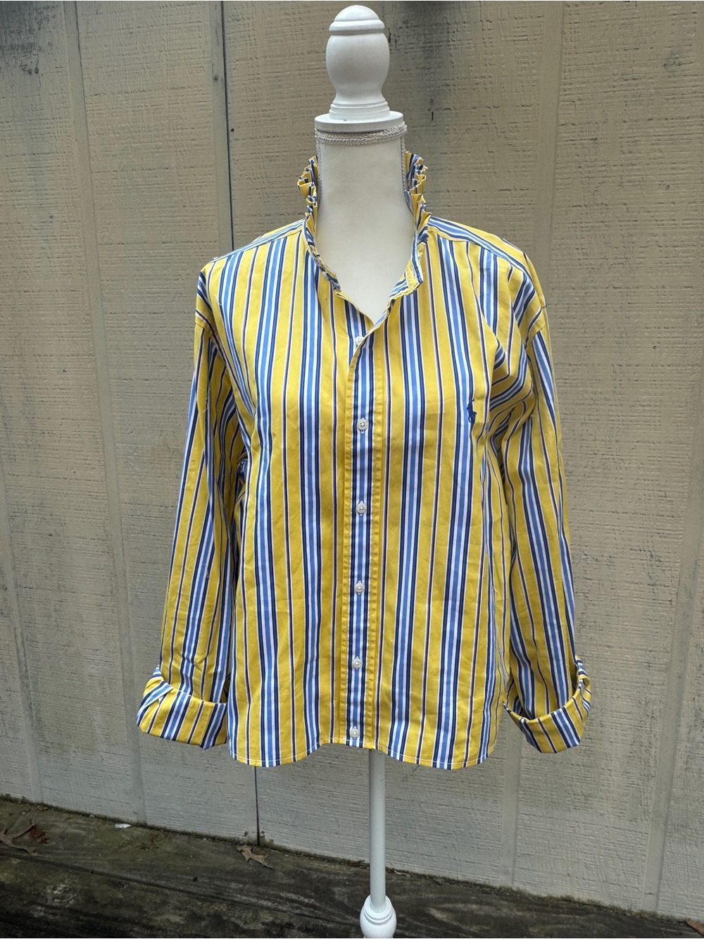 Ralph Lauren Yellow and Blue Striped Cropped Refashioned Ruffle Collar Shirt
